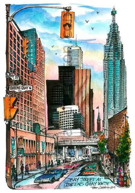 Bay and Quay Intersection, Toronto, Ontario, Canada by Artist Illustrator David Crighton Art