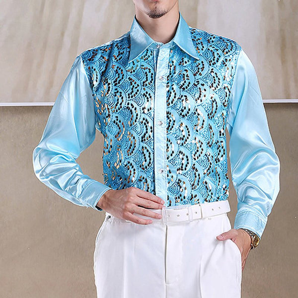 Best Selling Men Latin Dance Tops Long Sleeve Sequins Practice Performance Dancewear Singer Stage Dance Chorus Shirts