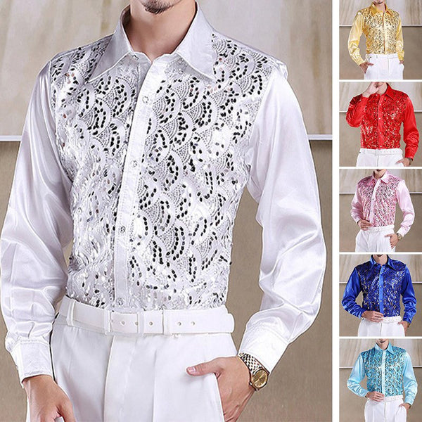 Best Selling Men Latin Dance Tops Long Sleeve Sequins Practice Performance Dancewear Singer Stage Dance Chorus Shirts