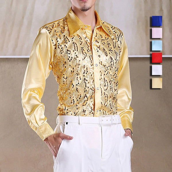 Best Selling Men Latin Dance Tops Long Sleeve Sequins Practice Performance Dancewear Singer Stage Dance Chorus Shirts