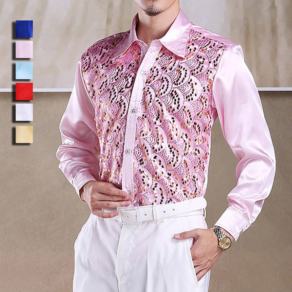 Best Selling Men Latin Dance Tops Long Sleeve Sequins Practice Performance Dancewear Singer Stage Dance Chorus Shirts