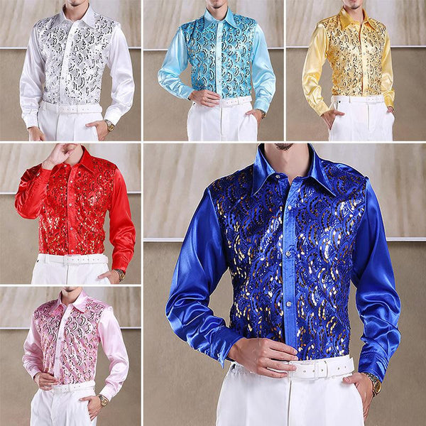 Best Selling Men Latin Dance Tops Long Sleeve Sequins Practice Performance Dancewear Singer Stage Dance Chorus Shirts