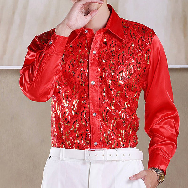 Best Selling Men Latin Dance Tops Long Sleeve Sequins Practice Performance Dancewear Singer Stage Dance Chorus Shirts