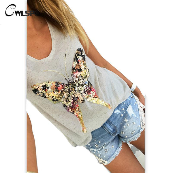 Fashion T shirt Women Bling Sequined 3D Butterfly V-Neck Petal Sleeve.