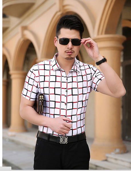 summer style plaid shirts men shirt short sleeve casual shirt men good quality cotton silk Tops.