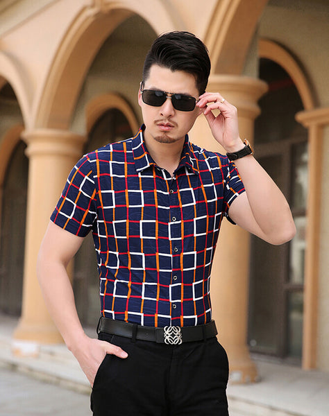 summer style plaid shirts men shirt short sleeve casual shirt men good quality cotton silk Tops.