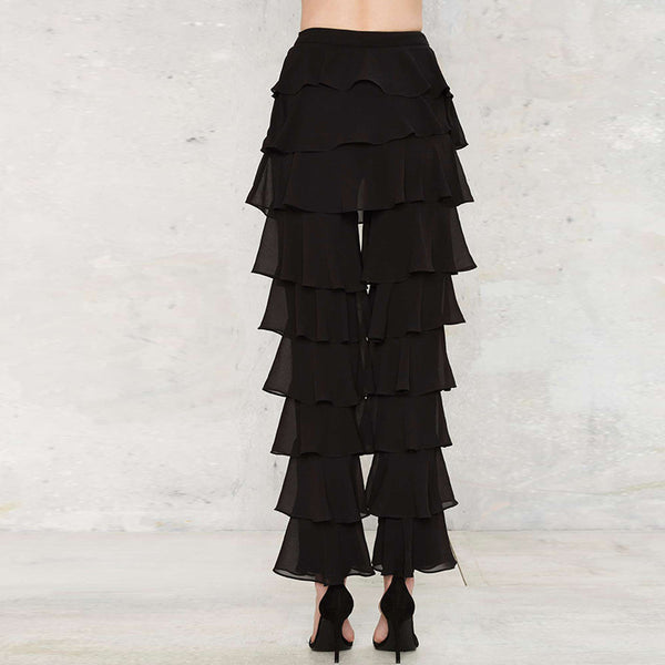 New Women Fashion Casual Loose Solid Black Ruffle Straigh Vintage Elegant  Mid-rise Long Flare  Pants.