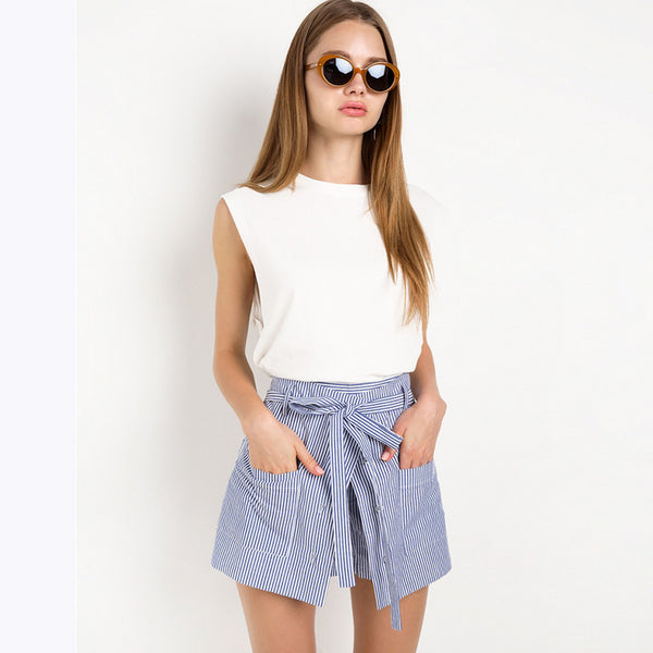 Stripe Women Streetwear Loose Casual Shorts Sexy Slim High Waist Button Culotte Lacing Bottom Cotton A-line Shorts