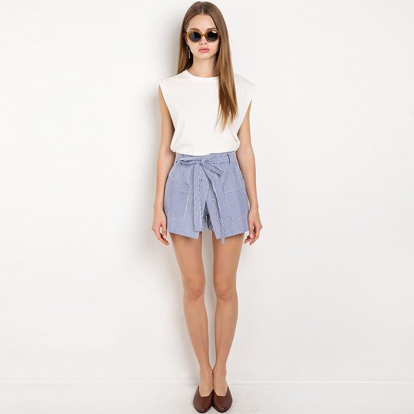 Stripe Women Streetwear Loose Casual Shorts Sexy Slim High Waist Button Culotte Lacing Bottom Cotton A-line Shorts