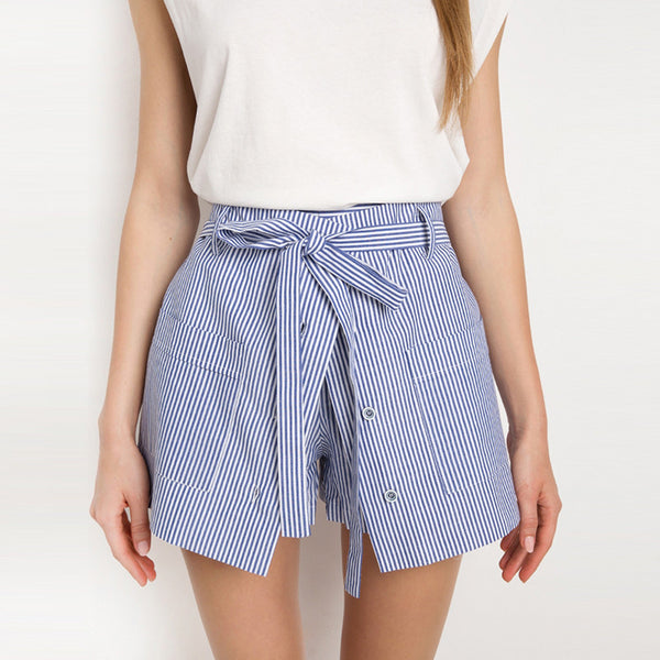 Stripe Women Streetwear Loose Casual Shorts Sexy Slim High Waist Button Culotte Lacing Bottom Cotton A-line Shorts