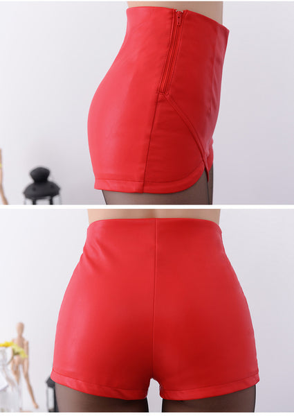 2017 New Fashion Summer Women's Sexy Black Red PU High Waist Shorts.