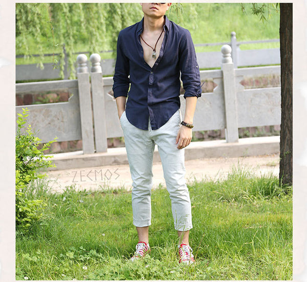 Zecmos Cotton Linen Shirts Man Summer White Shirt.