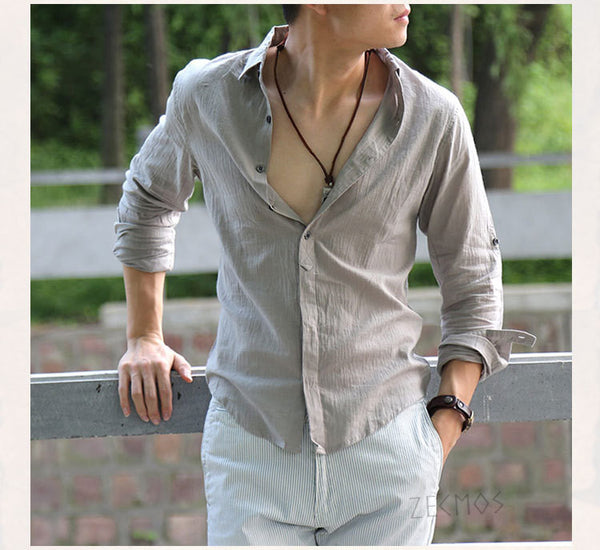 Zecmos Cotton Linen Shirts Man Summer White Shirt.