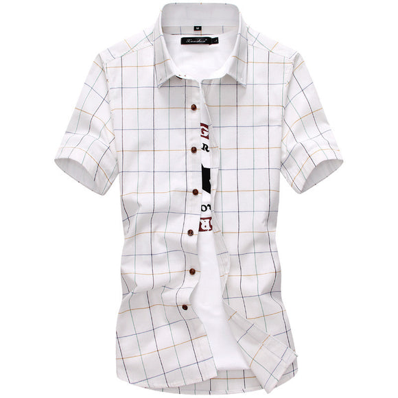 Red And Black Plaid Shirt Men Summer Casual Quality Dress Shirt Short Sleeve.