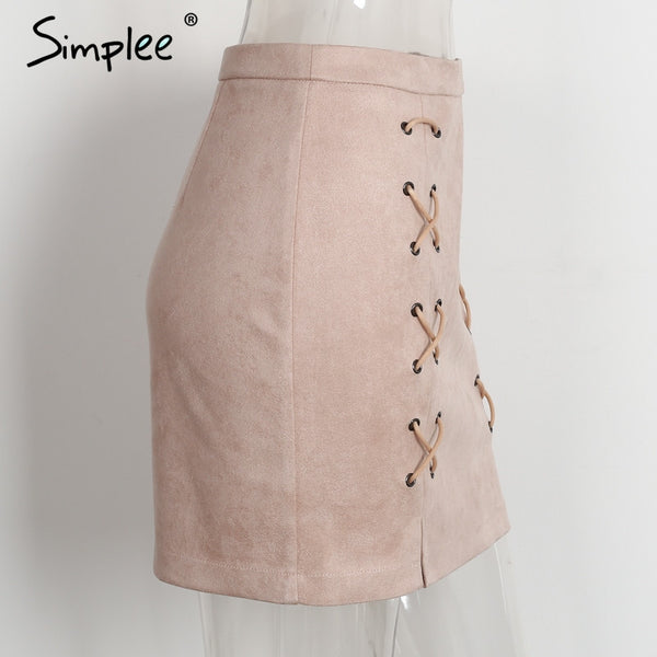 Simplee Autumn lace up leather suede pencil skirt Winter 2016 cross high waist skirt Zipper split bodycon short skirts womens