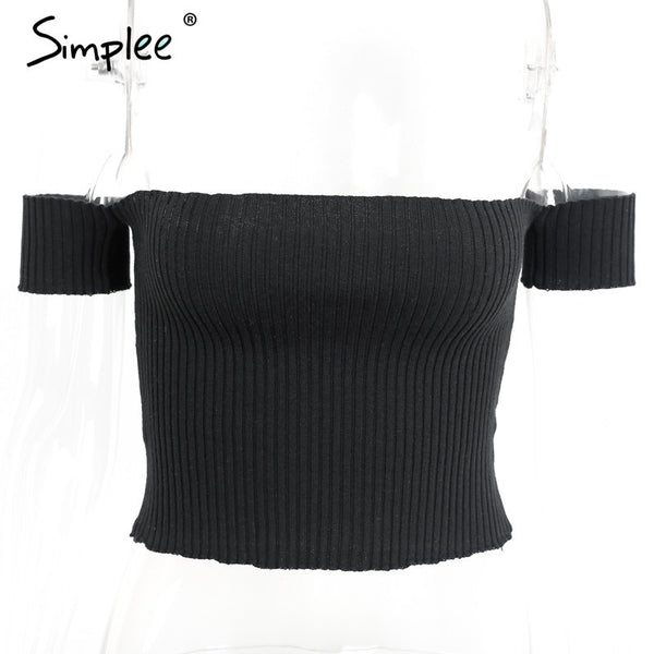 Sexy slash neck knitted top tees Women black short sleeve.