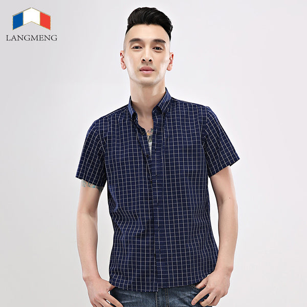 Summer 100% Cotton plaid Casual shirts Mens Dress Shirt men Short Sleeve.