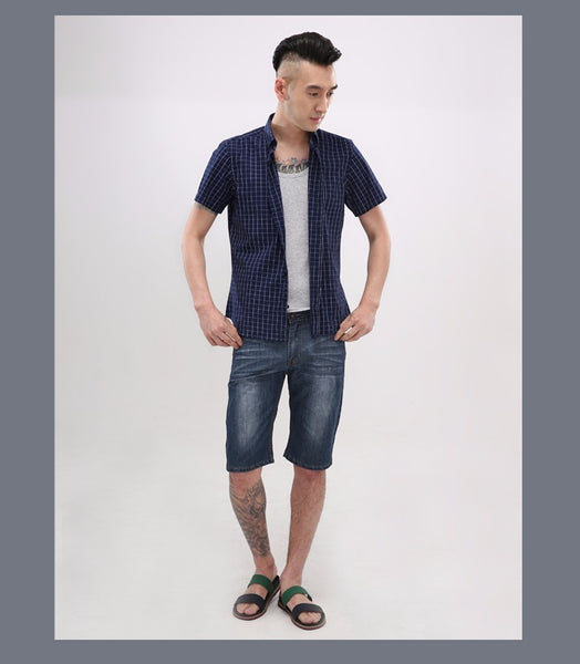 Summer 100% Cotton plaid Casual shirts Mens Dress Shirt men Short Sleeve.