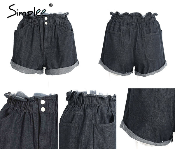 Simplee Casual black hemming denim shorts women Button summer beach 2017.