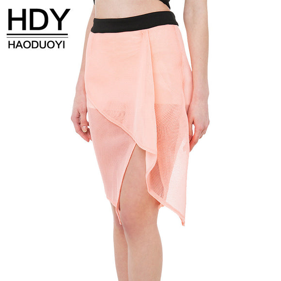Solid Pink Fashion Shorts Women High Waist Asymmetric Female Zippers Shorts Slim Sheer Tulle Patchwork Shorts.