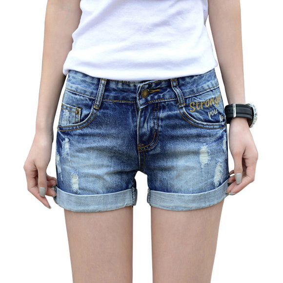 Summer hole denim shorts women Fashion mid elastic waist hemming short jeans.