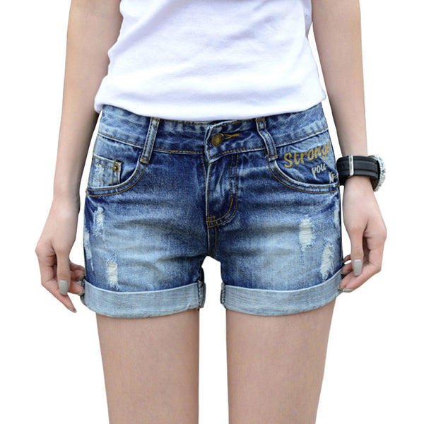 Summer hole denim shorts women Fashion mid elastic waist hemming short jeans.