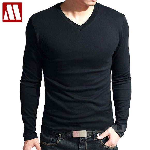 Hot Sale New spring high-elastic cotton t-shirts men's long sleeve v neck.