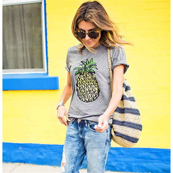 2017 New Fashion Pineapple Printed Gray Women T shirt.