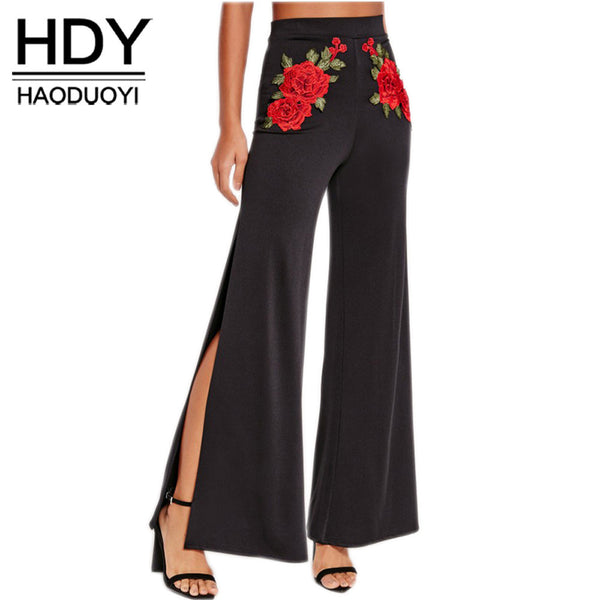 Fashion Flora Embroidery Pants Women High Waist Slim Female Wide Leg Pants Vintage Black Split Ladies Casual Pants.