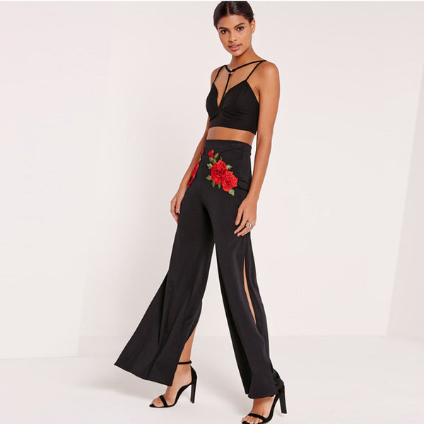 Fashion Flora Embroidery Pants Women High Waist Slim Female Wide Leg Pants Vintage Black Split Ladies Casual Pants.