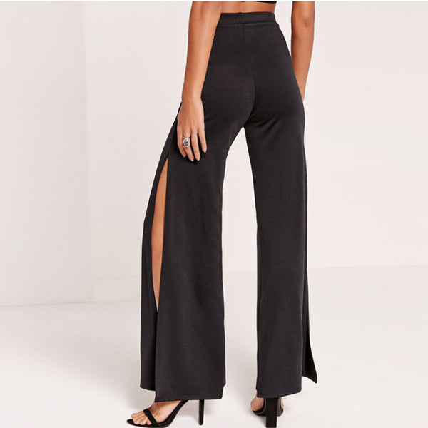 Fashion Flora Embroidery Pants Women High Waist Slim Female Wide Leg Pants Vintage Black Split Ladies Casual Pants.