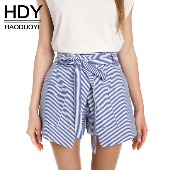 Stripe Women Streetwear Loose Casual Shorts Sexy Slim High Waist Button Culotte Lacing Bottom Cotton A-line Shorts
