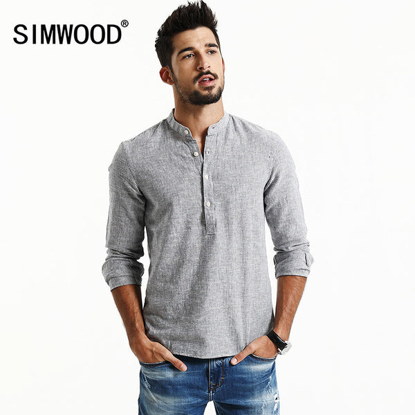 2017 Spring  New Arrival Striped Casual Shirts Men  Mandarin Collar Cotton and Linen Slim Fit Brand Clothing.