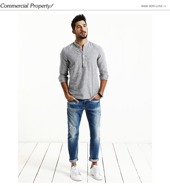 2017 Spring  New Arrival Striped Casual Shirts Men  Mandarin Collar Cotton and Linen Slim Fit Brand Clothing.