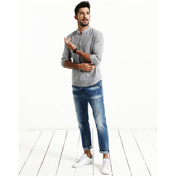 2017 Spring  New Arrival Striped Casual Shirts Men  Mandarin Collar Cotton and Linen Slim Fit Brand Clothing.