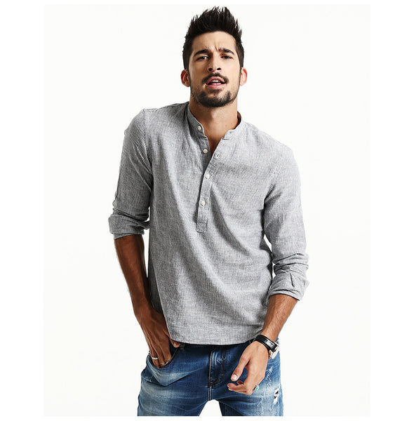 2017 Spring  New Arrival Striped Casual Shirts Men  Mandarin Collar Cotton and Linen Slim Fit Brand Clothing.