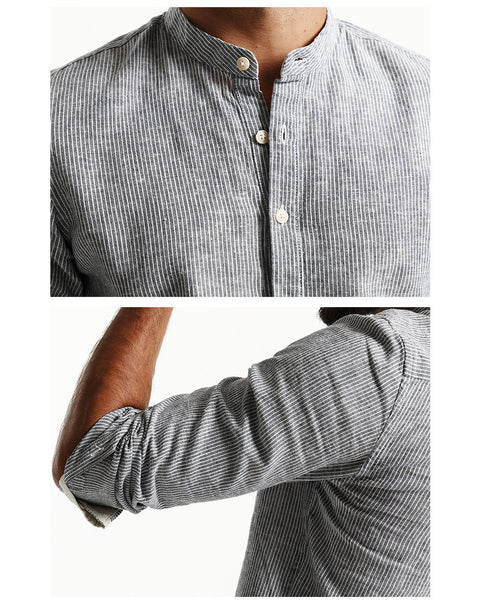 2017 Spring  New Arrival Striped Casual Shirts Men  Mandarin Collar Cotton and Linen Slim Fit Brand Clothing.