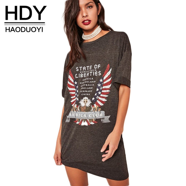 HDY Haoduoyi Fashion Print Basic Tops Women Short Sleeve Female Pullover Street Gray O-neck Casual Longline T-shirt