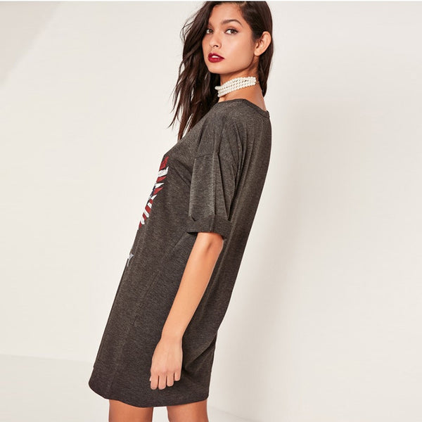 HDY Haoduoyi Fashion Print Basic Tops Women Short Sleeve Female Pullover Street Gray O-neck Casual Longline T-shirt