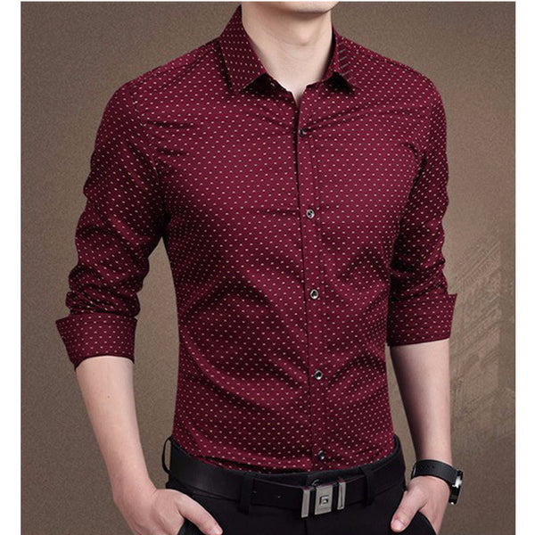 Men Wine Red Single Breasted Long Sleeve Shirt Casual Men Dress Shirt.
