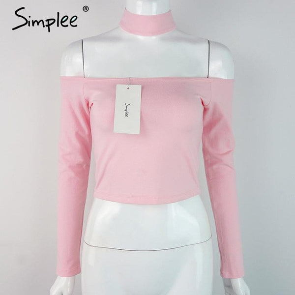 Simplee European style sexy off shoulder black t-shirt women tops long sleeve halter top tees Girl t shirt 90's crop top female