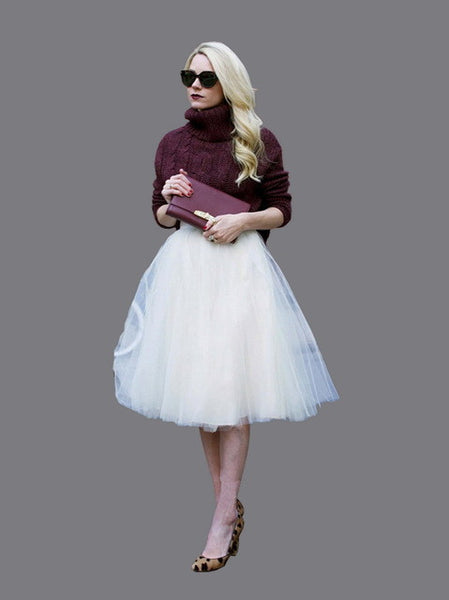 New Puff Women Chiffon Tulle Skirt White faldas High waist Midi Knee Length.