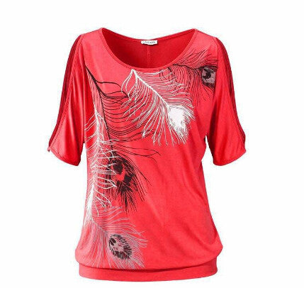 Summer Women Feather Printed T-shirts O- neck Strapless Shirts Off Shoulder Short-sleeved T-shirt Loose Type
