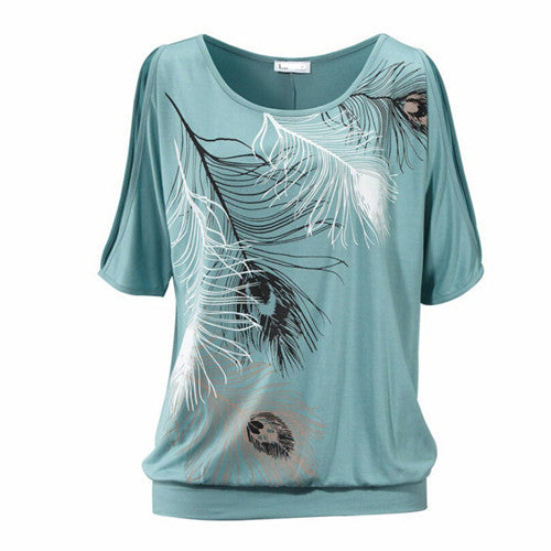 Summer Women Feather Printed T-shirts O- neck Strapless Shirts Off Shoulder Short-sleeved T-shirt Loose Type