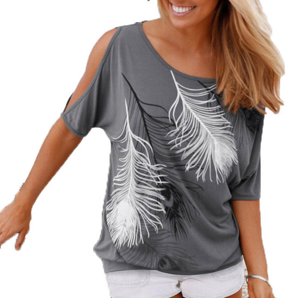 Summer Women Feather Printed T-shirts O- neck Strapless Shirts Off Shoulder Short-sleeved T-shirt Loose Type