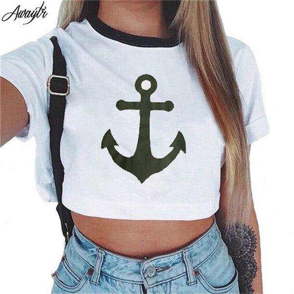 Women's Summer Anchor Printed Crop Top 2017 Short Sleeve Cotton T Shirts.