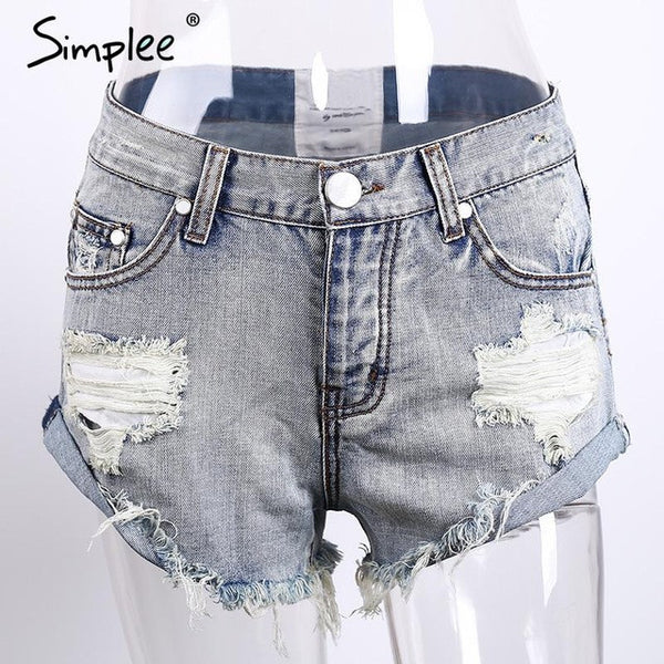 Simplee Apparel 50's Vintage ripped hole fringe blue denim shorts women.