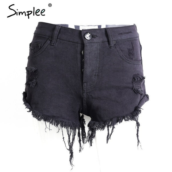 Simplee Apparel 50's Vintage ripped hole fringe blue denim shorts women.