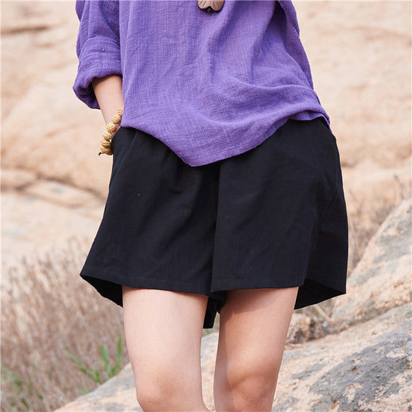 Cotton Linen Elastic waist Women Shorts Skirts Solid White Blue Loose Casual Summer Shorts.