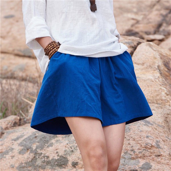 Cotton Linen Elastic waist Women Shorts Skirts Solid White Blue Loose Casual Summer Shorts.